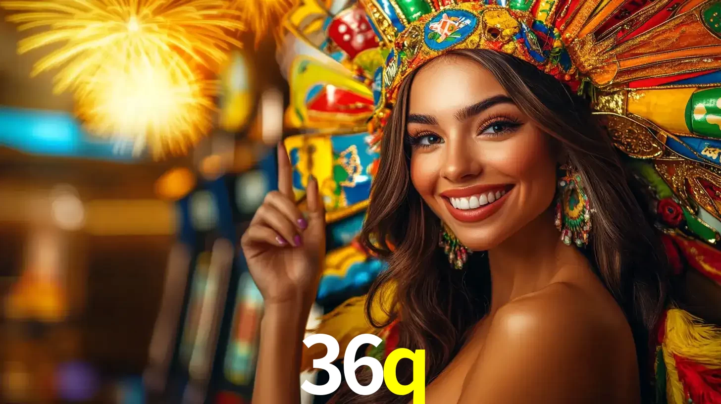 Mulher sorridente com um cocar de carnaval vibrante e colorido, celebrando uma grande vitória nos jogos do cassino 36q com fogos de artifício ao fundo.
