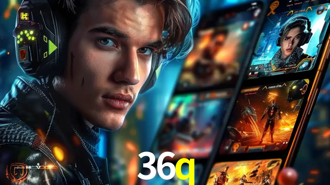 Jovem jogador com fones de ouvido olhando para a câmera, com um aplicativo de jogos e e-sports para celular ao fundo, pronto para a competição e apostas no 36q.