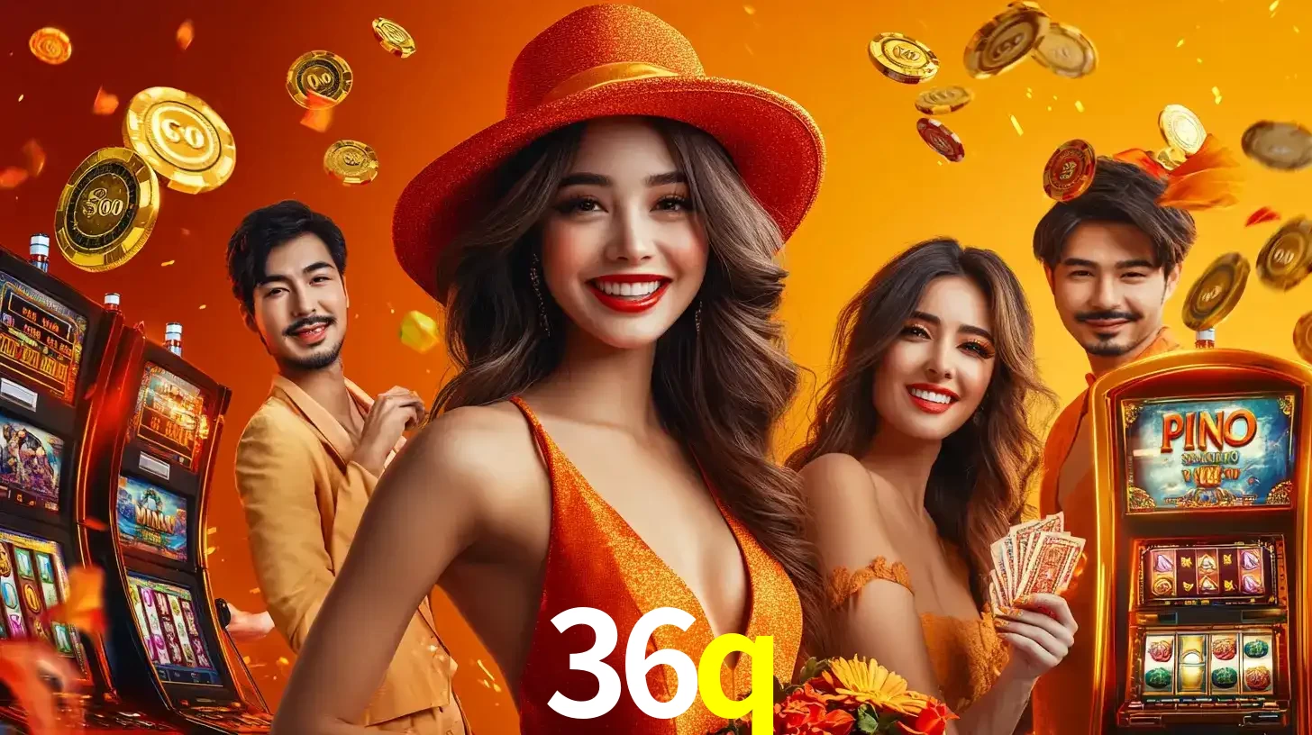 Grupo de amigos asiáticos sorrindo e se divertindo com máquinas de caça-níqueis em um ambiente festivo, celebrando suas vitórias nos jogos de cassino do 36q.