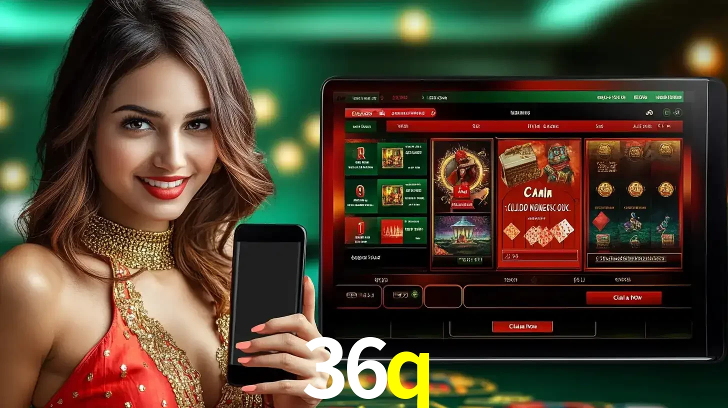 Mulher sorridente segurando um smartphone, ao lado de uma tela exibindo o lobby de jogos do cassino online 36q, com várias opções de jogos de cartas e slots.